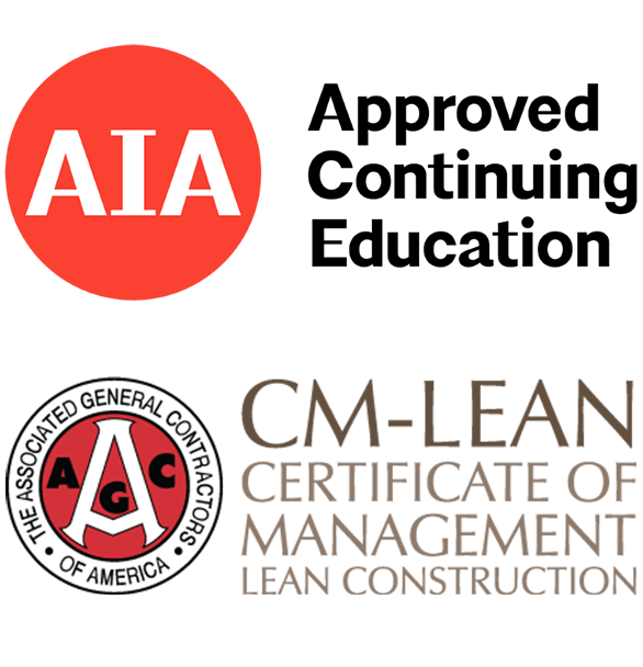 Logos for AIA: Approved Continuing Education and CM-LEAN Certificate of Management Lean Construction